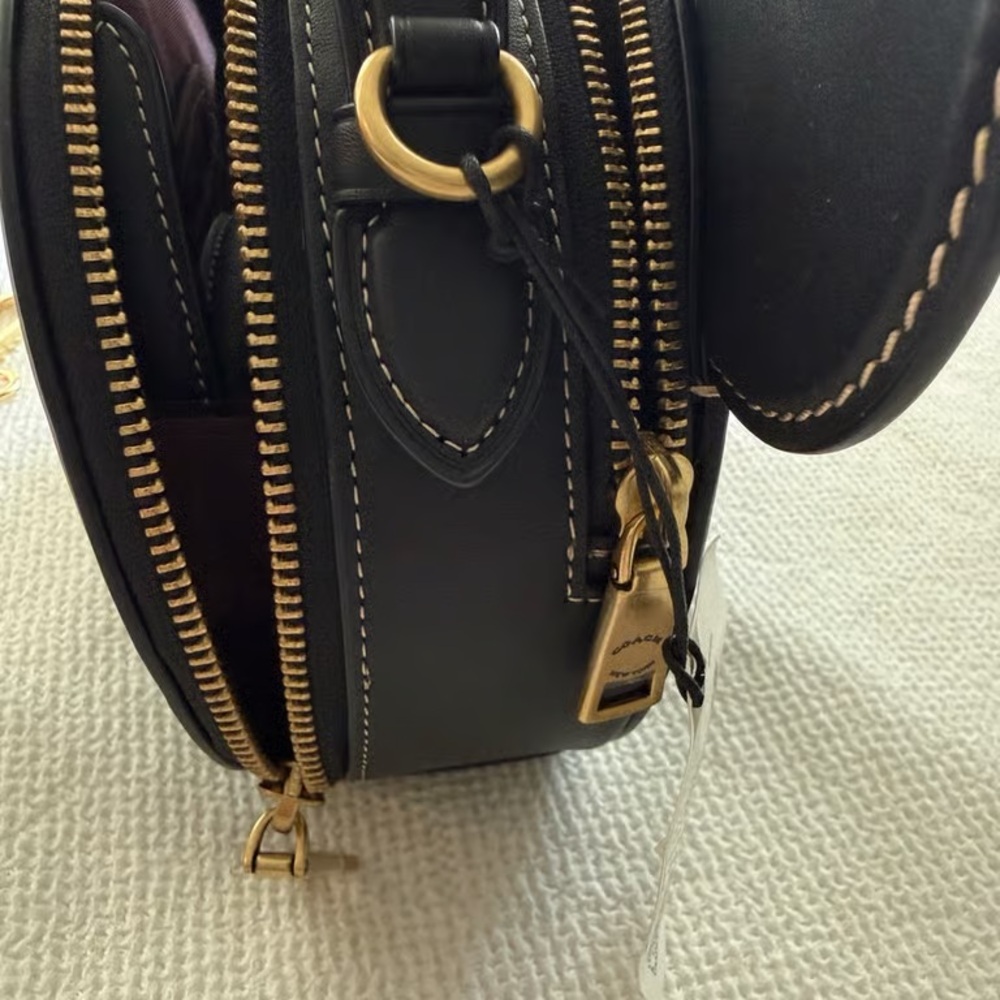 Coach Black Leather Round Crossbody with Gold Hardware and Contrast Stitching - Picture 4 of 5